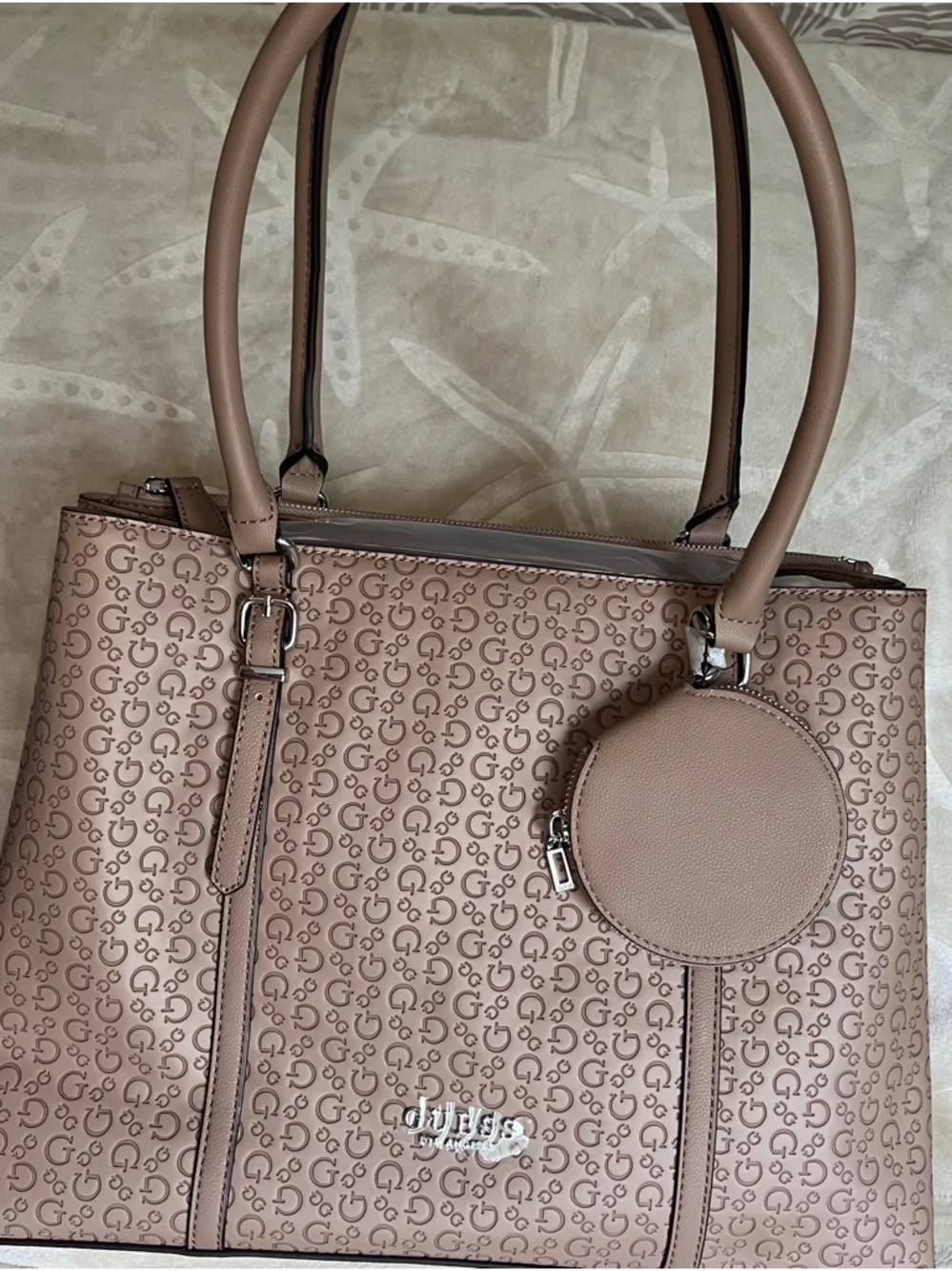 GUESS Blush Taupe Logo-Print Satchel with Round Coin Pouch